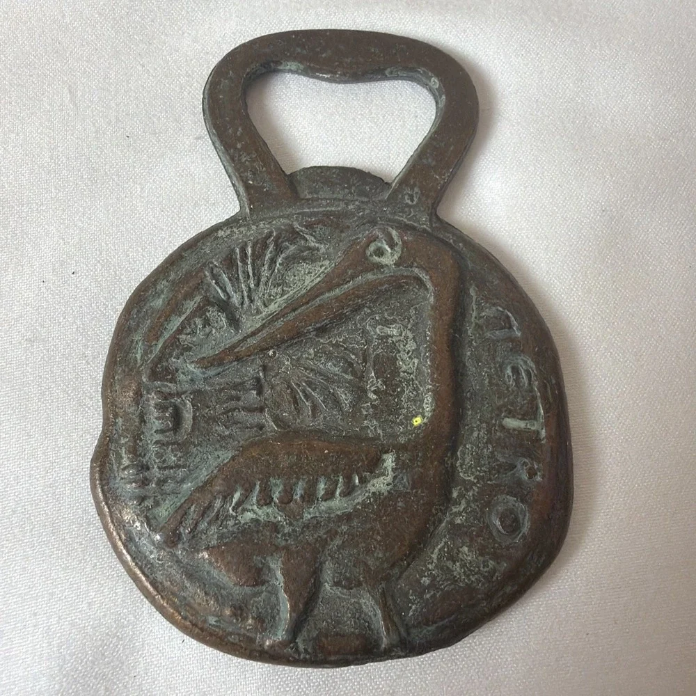 VTG Brass Greek Bottle Opener Double Sided Petros the Pelican & Windmill‎